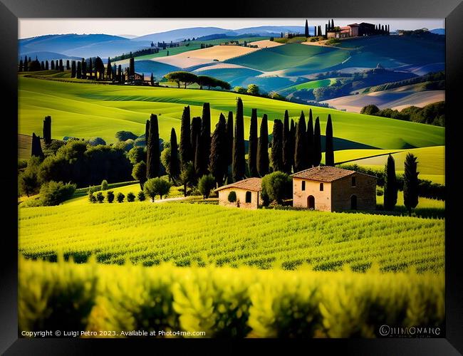 Farmhouse among rolling hills of Tuscany. Framed Print by Luigi Petro