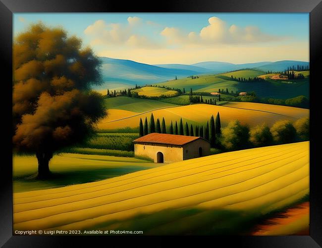 Farmhouse among  the rolling hills of Tuscany, Ita Framed Print by Luigi Petro