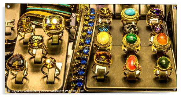 Colorful Golden Gem Rings Jewelry Grand Bazaar Istanbul Turkey Acrylic by William Perry