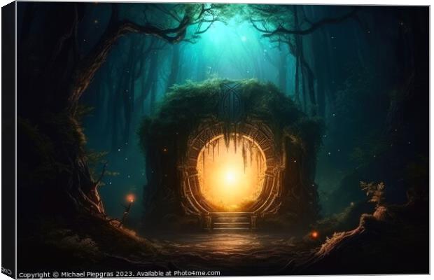 A mysterious portal into a fantasy world in a glowing forest at  Canvas Print by Michael Piepgras
