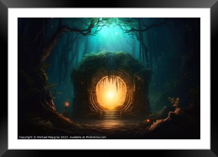 A mysterious portal into a fantasy world in a glowing forest at  Framed Mounted Print by Michael Piepgras