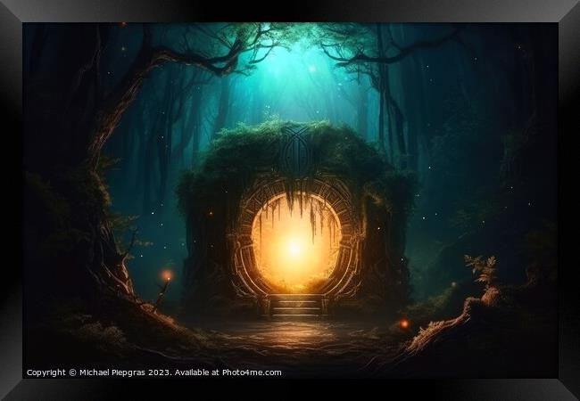 A mysterious portal into a fantasy world in a glowing forest at  Framed Print by Michael Piepgras