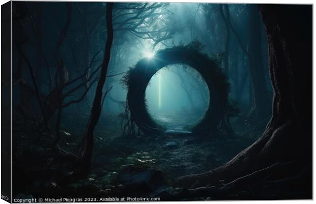A mysterious portal into a fantasy world in a glowing forest at  Canvas Print by Michael Piepgras