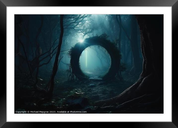 A mysterious portal into a fantasy world in a glowing forest at  Framed Mounted Print by Michael Piepgras