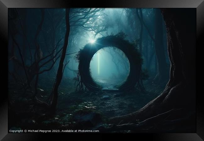 A mysterious portal into a fantasy world in a glowing forest at  Framed Print by Michael Piepgras
