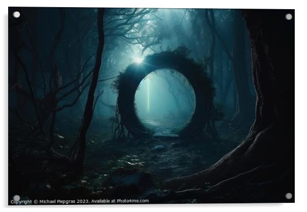 A mysterious portal into a fantasy world in a glowing forest at  Acrylic by Michael Piepgras
