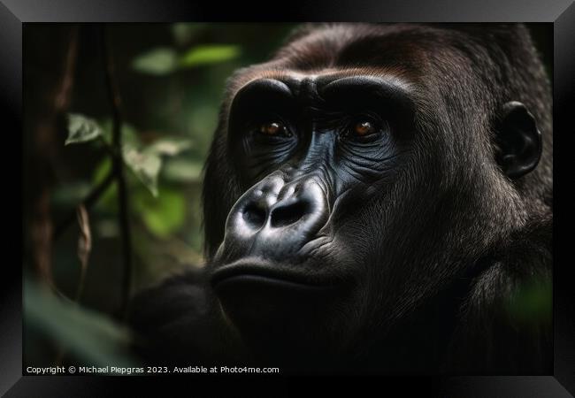 A portrait of a big male gorilla in the jungle created with gene Framed Print by Michael Piepgras