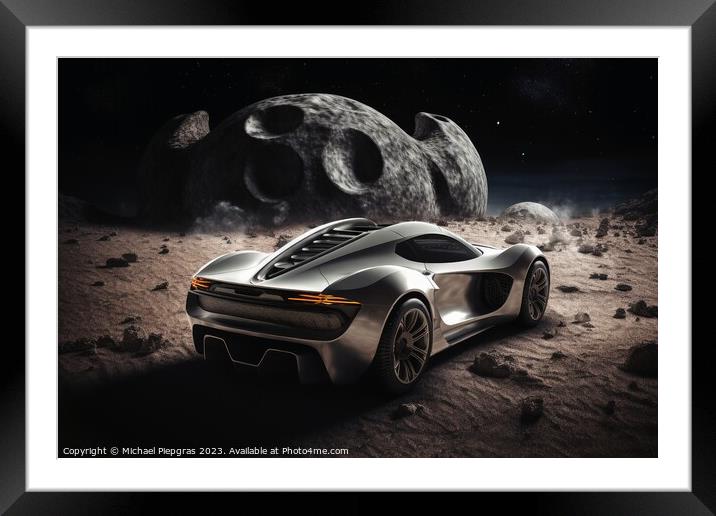 A sportscar driving on the moon created with generative AI techn Framed Mounted Print by Michael Piepgras