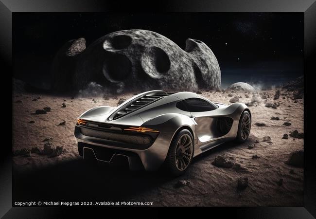 A sportscar driving on the moon created with generative AI techn Framed Print by Michael Piepgras