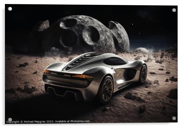 A sportscar driving on the moon created with generative AI techn Acrylic by Michael Piepgras