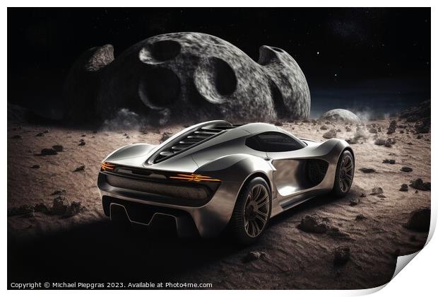A sportscar driving on the moon created with generative AI techn Print by Michael Piepgras