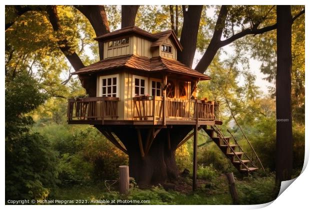 A wooden tree house for kids created with generative AI technolo Print by Michael Piepgras