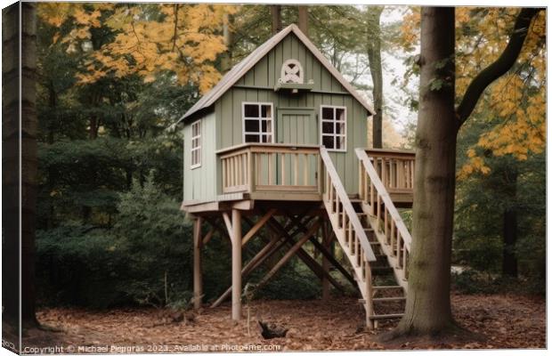 A wooden tree house for kids created with generative AI technolo Canvas Print by Michael Piepgras