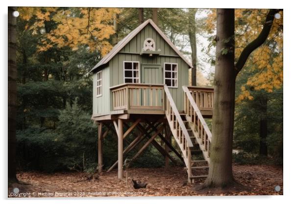 A wooden tree house for kids created with generative AI technolo Acrylic by Michael Piepgras