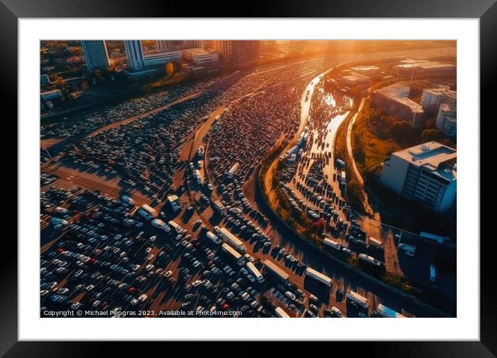 Aerial view of a highway with a huge traffic jam created with ge Framed Mounted Print by Michael Piepgras
