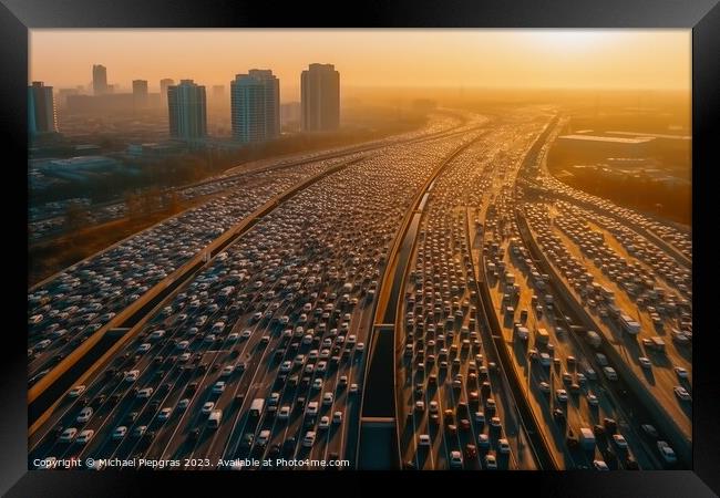 Aerial view of a highway with a huge traffic jam created with ge Framed Print by Michael Piepgras