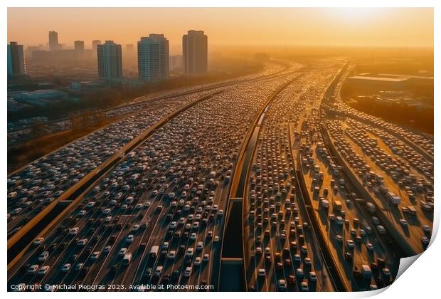 Aerial view of a highway with a huge traffic jam created with ge Print by Michael Piepgras