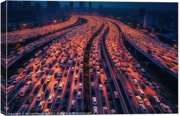 Aerial view of a highway with a huge traffic jam created with ge Canvas Print by Michael Piepgras