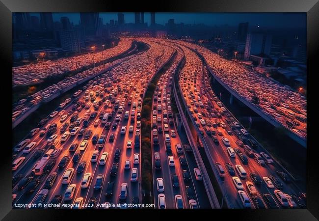 Aerial view of a highway with a huge traffic jam created with ge Framed Print by Michael Piepgras