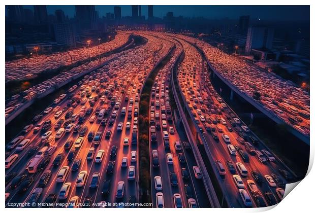 Aerial view of a highway with a huge traffic jam created with ge Print by Michael Piepgras