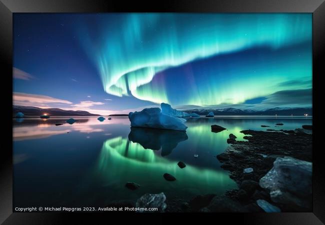 An iceberg landscape with water reflection the aurora borealis i Framed Print by Michael Piepgras