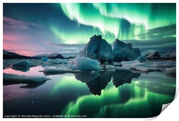An iceberg landscape with water reflection the aurora borealis i Print by Michael Piepgras
