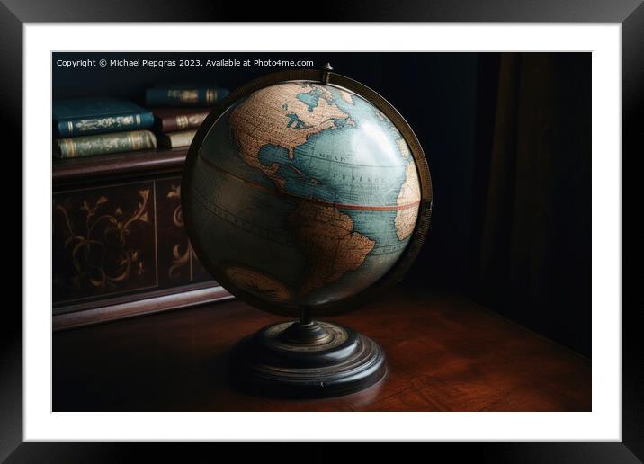 An old globe showing planet earth created with generative AI tec Framed Mounted Print by Michael Piepgras