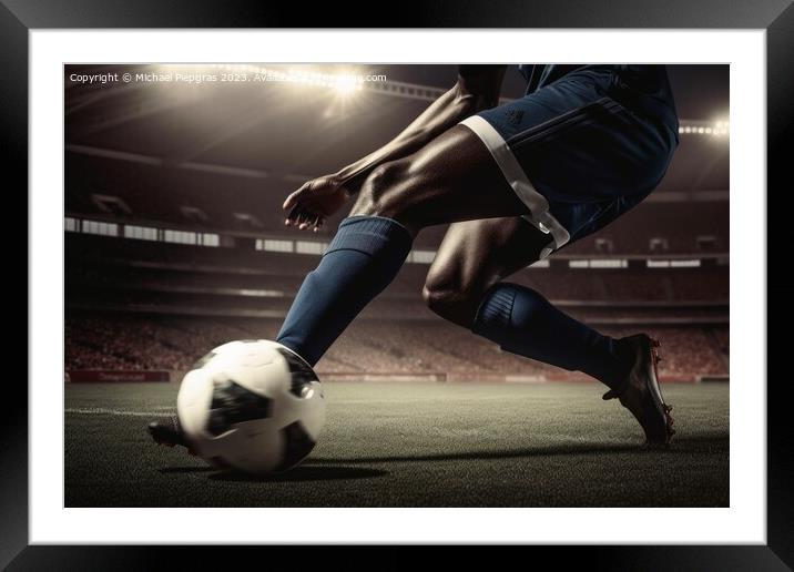 Close up of a soccer player kicking the ball created with genera Framed Mounted Print by Michael Piepgras