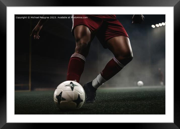 Close up of a soccer player kicking the ball created with genera Framed Mounted Print by Michael Piepgras