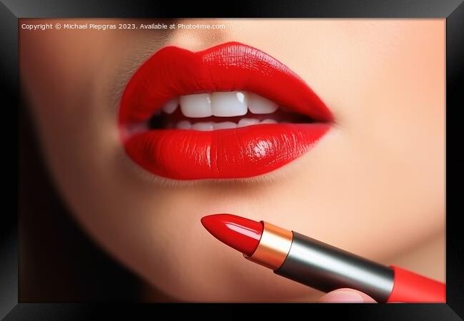 Close up of putting red lipestick to woman lips created with gen Framed Print by Michael Piepgras