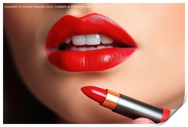 Close up of putting red lipestick to woman lips created with gen Print by Michael Piepgras