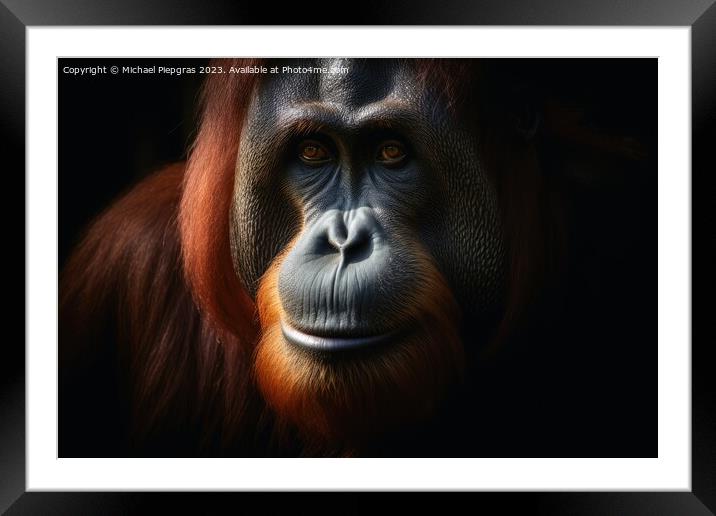 Close up view of an orang utan against a dark background created Framed Mounted Print by Michael Piepgras