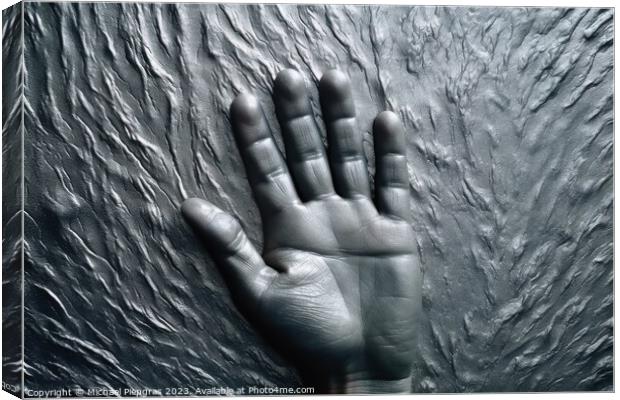 Metal surface background with the relief imprint of a human hand Canvas Print by Michael Piepgras