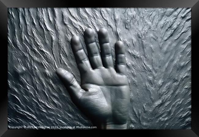 Metal surface background with the relief imprint of a human hand Framed Print by Michael Piepgras