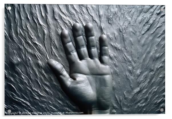 Metal surface background with the relief imprint of a human hand Acrylic by Michael Piepgras
