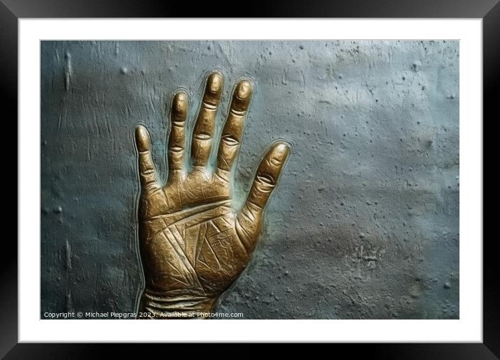 Metal surface background with the relief imprint of a human hand Framed Mounted Print by Michael Piepgras