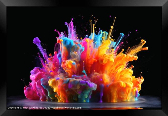 Raindow colored liquid explosion created with generative AI tech Framed Print by Michael Piepgras