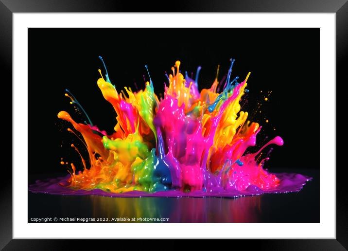 Raindow colored liquid explosion created with generative AI tech Framed Mounted Print by Michael Piepgras