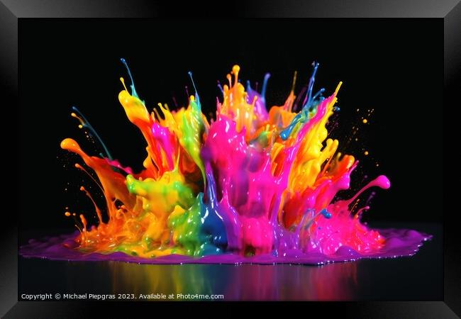 Raindow colored liquid explosion created with generative AI tech Framed Print by Michael Piepgras