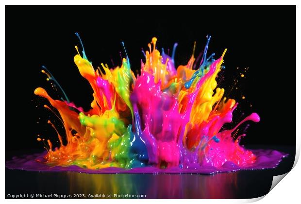 Raindow colored liquid explosion created with generative AI tech Print by Michael Piepgras