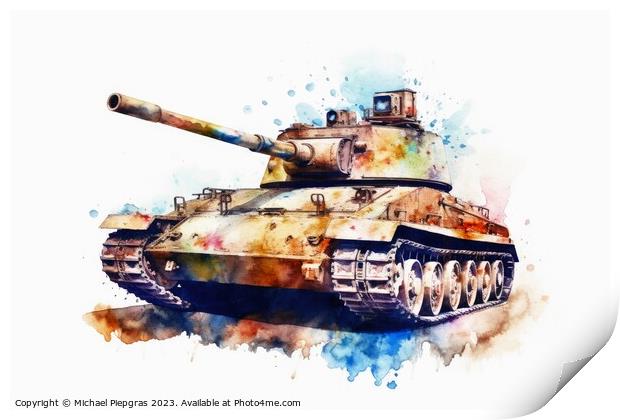 Watercolor of a tank on a white background created with generati Print by Michael Piepgras