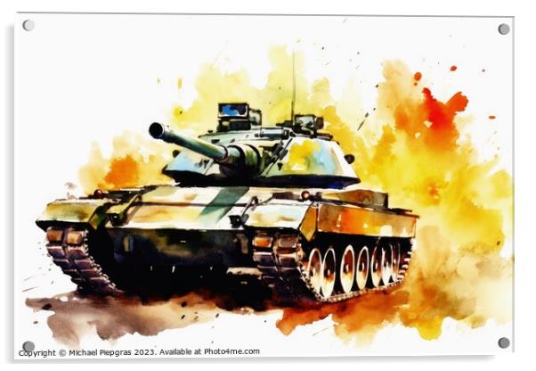 Watercolor of a tank on a white background created with generati Acrylic by Michael Piepgras