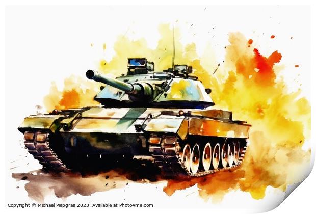 Watercolor of a tank on a white background created with generati Print by Michael Piepgras