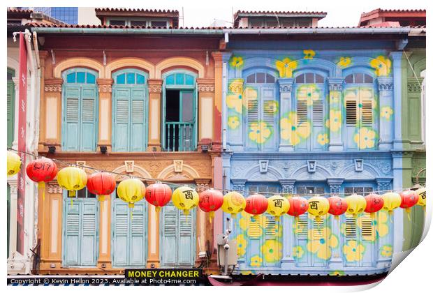 Colourful Chinese shophouses and lanterns in Pagoda street, Chin Print by Kevin Hellon