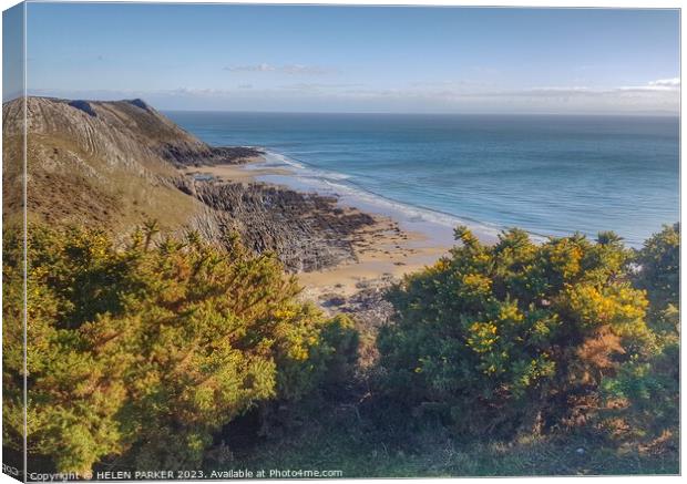 View from Pennard Cliff Wslk in Gowerrt Canvas Print by HELEN PARKER