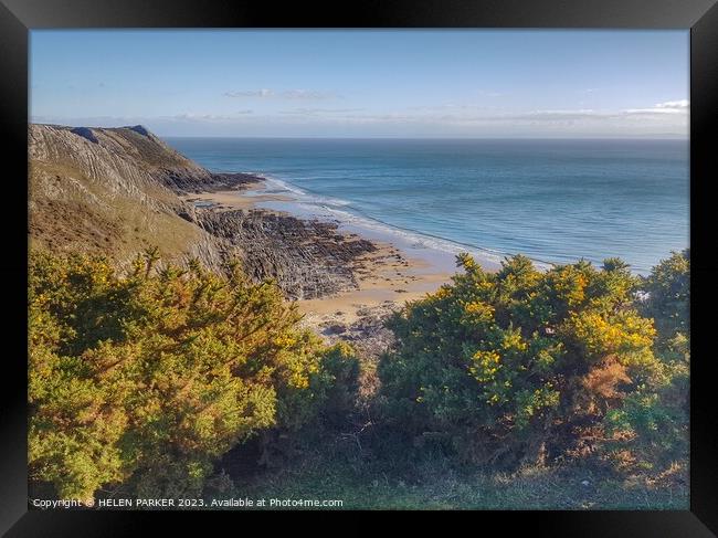 View from Pennard Cliff Wslk in Gowerrt Framed Print by HELEN PARKER