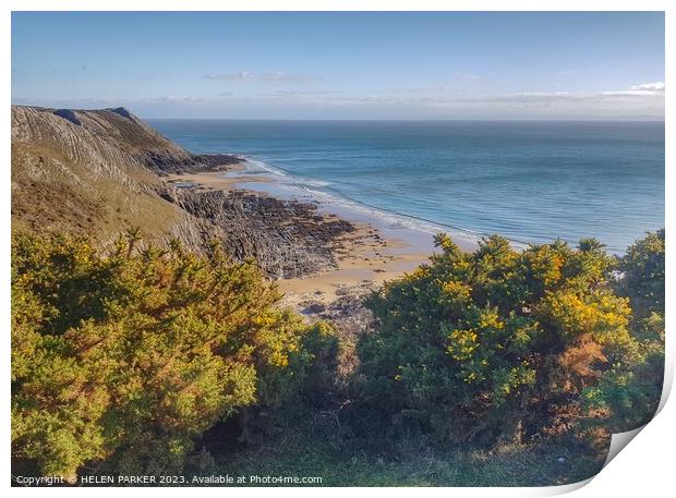 View from Pennard Cliff Wslk in Gowerrt Print by HELEN PARKER