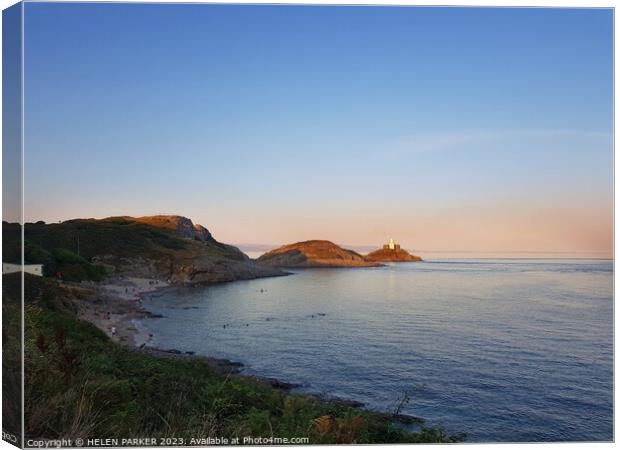 Sunset and High Tide at Bracelet Bay in Mumbles  Canvas Print by HELEN PARKER