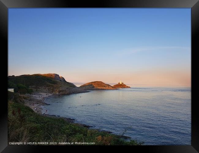 Sunset and High Tide at Bracelet Bay in Mumbles  Framed Print by HELEN PARKER