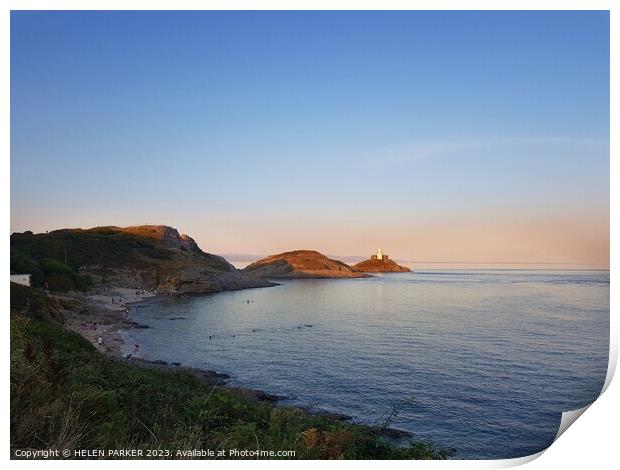 Sunset and High Tide at Bracelet Bay in Mumbles  Print by HELEN PARKER